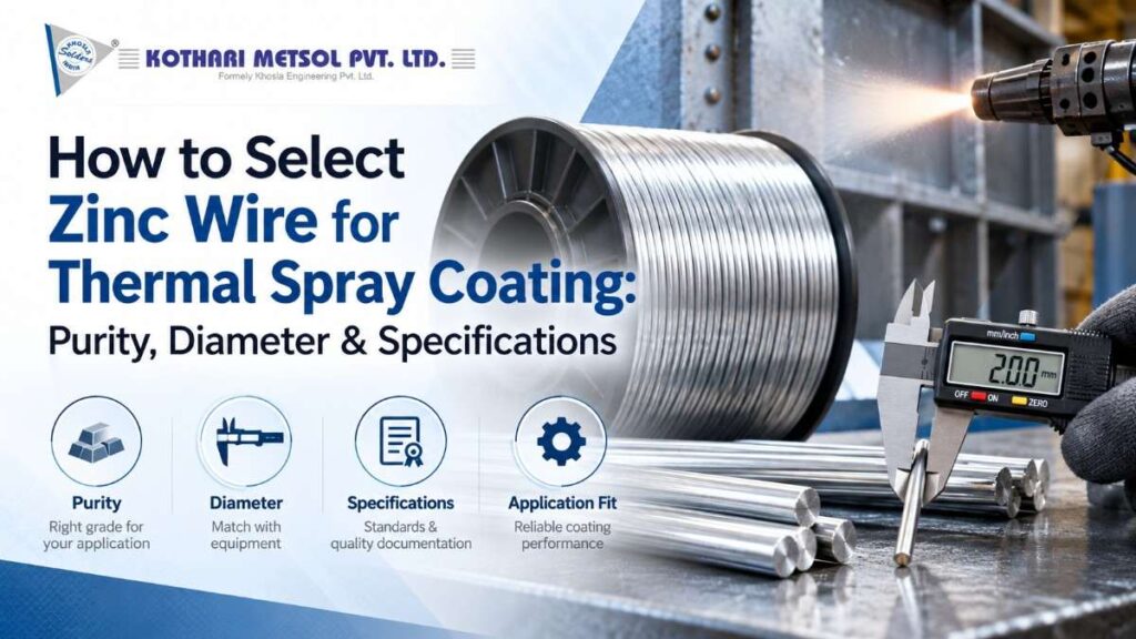 Zinc wire specifications for thermal spray coating, including purity and diameter selection.