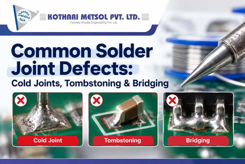 Common solder joint defects including cold joints, tombstoning and solder bridging